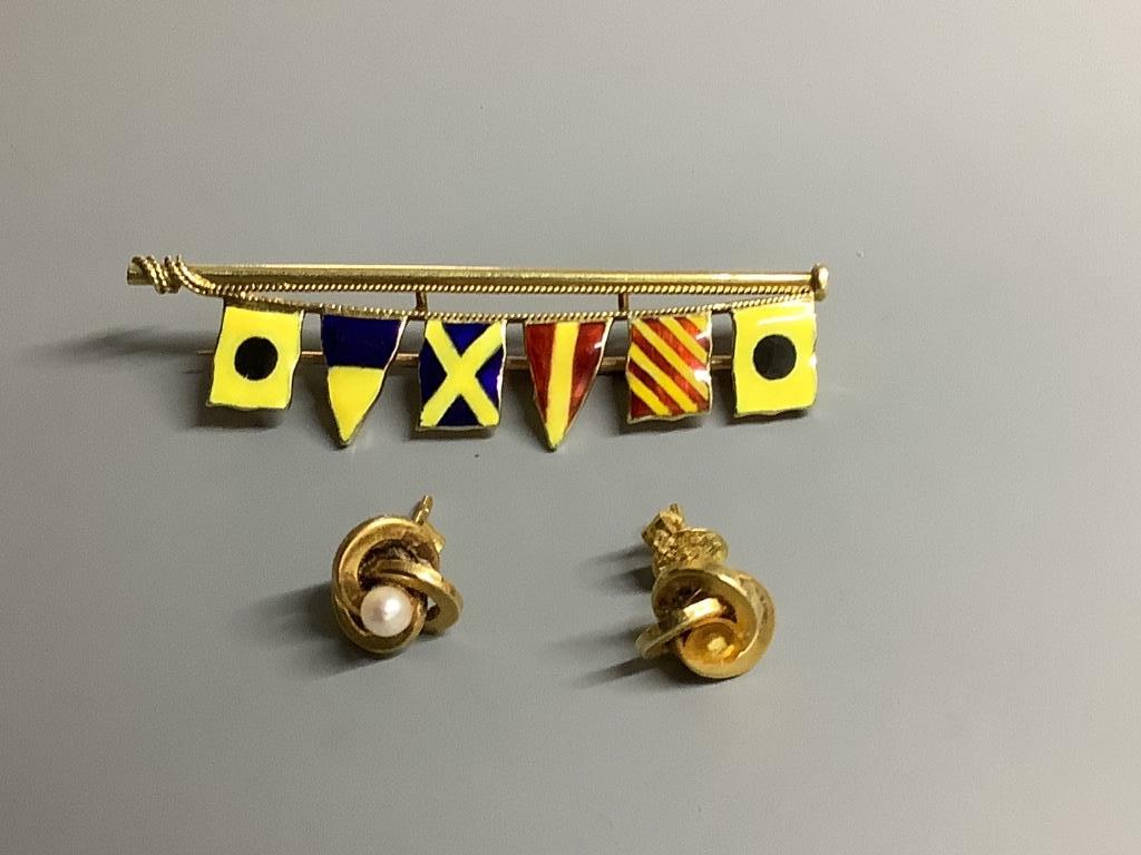 Seven items of assorted jewellery including a 15ct, rock crystal and seed pearl set brooch, 37mm, gross 5.2 grams, a 14ct & enamel semaphore brooch, gross 6.4 grams, a mourning brooch and bracelet and a 9ct gold and gem